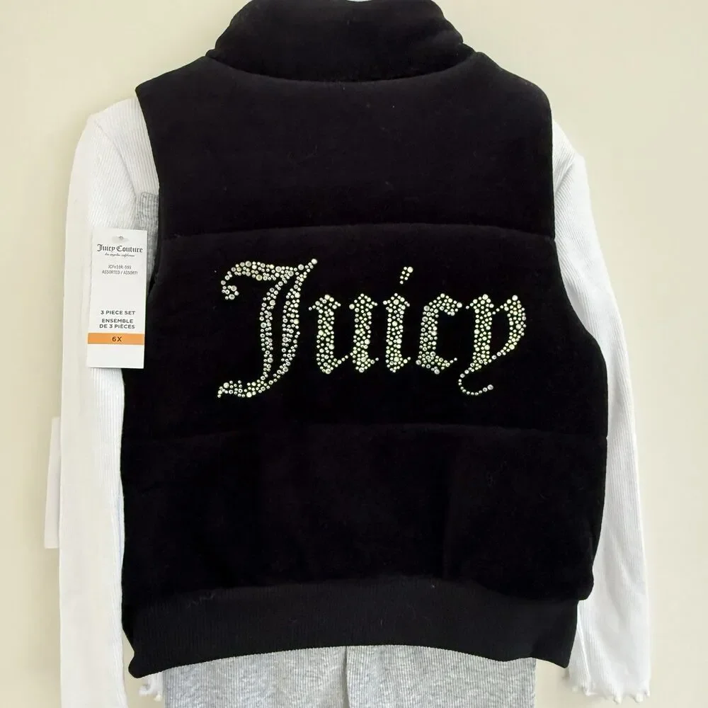 Juicy Couture 3 Piece Long Sleeve Shirt Vest & Pants Set Bling Logo NWT Girls 6X